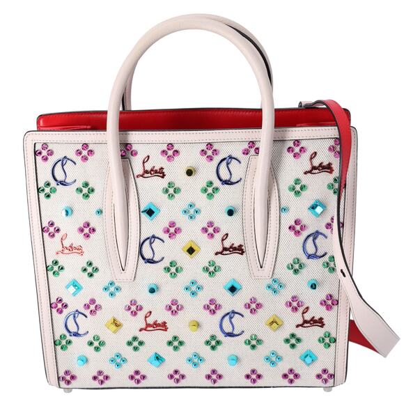 Christian Louboutin Loubinthesky Medium Paloma Satchel Canvas Spikes Ivory - Picture 1 of 9